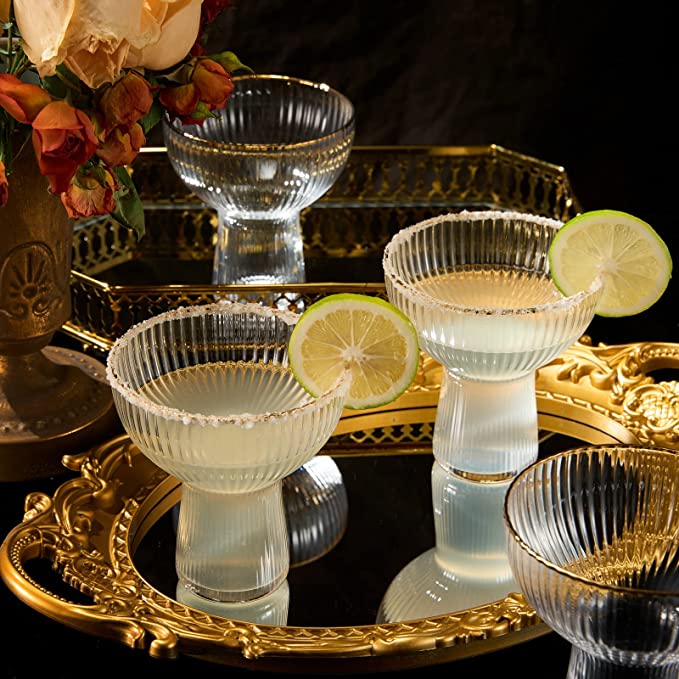 Ribbed Stemless Margarita Glasses with Gold Rim - Set of 4 - Hand