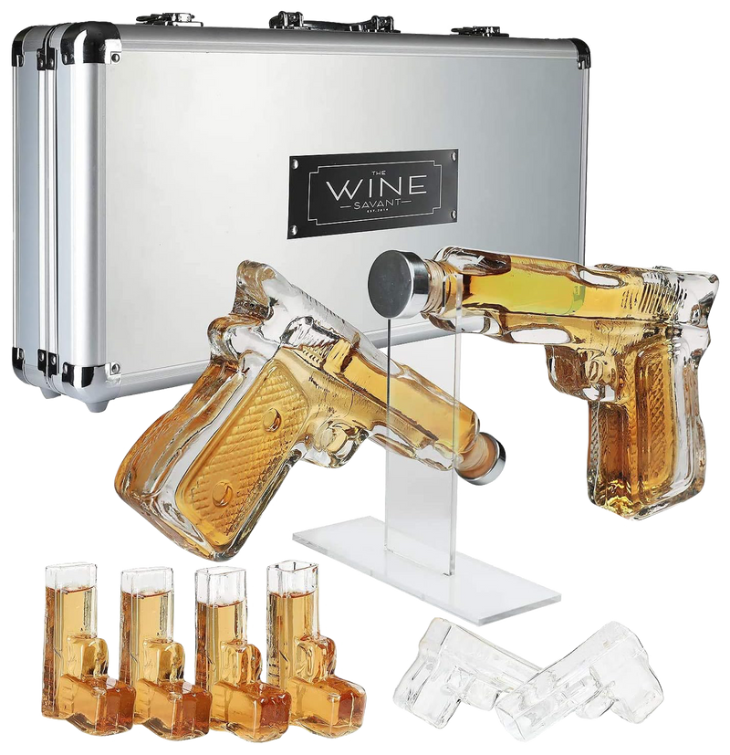 Pistol Whiskey Gun Decanter & Pistol Shot Glasses Set - Comes with A large Carrying Case - Drinking Party Accessories, Great Gift
