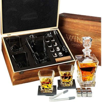 Wine & Whiskey Decanter Gift Set for Men & Women Whiskey Decanter, 2 Iceberg Whiskey Glasses, 2 Coasters, 8 Stainless Steel Whisky Rocks Chillers, Tongs & Freezer Pouch Gift Box The Wine Savant, Dad