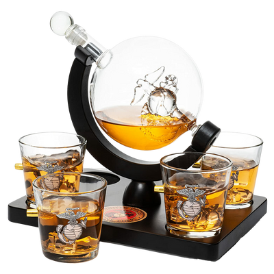 Marine Decanter Set With Four 3 oz Shot Glasses 1000ml Marines Gift Decanter by The Wine Savant - Marine Gifts, Army Gifts, Veteran Gifts