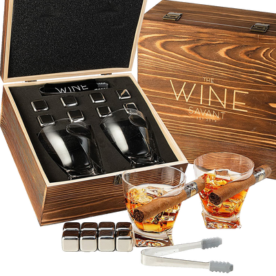 The Wine Savant Luxurious Cigar Glasses - Whiskey glass with Cigar Holder - Set of 2, 10oz Cigar Holder Whiskey Glasses, Tongs, 8 Cube Chilling Rocks Stones - Set in Premium Wood Box Gift for Any Bar