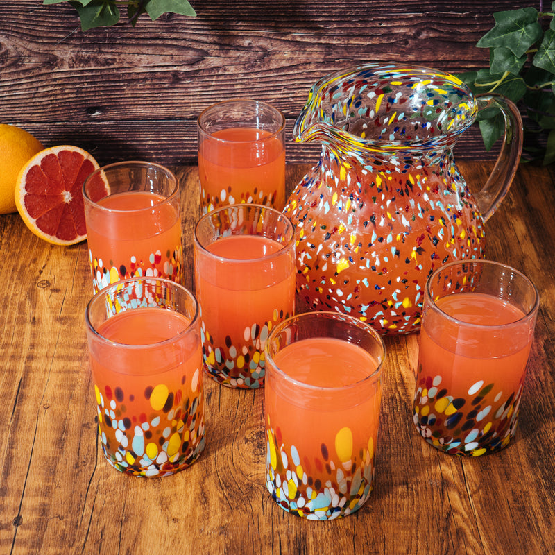The Wine Savant Hand Blown Mexican Drinking Glasses and Pitcher – Set of 6 with Mexican Confetti Design (14 oz each) and Pitcher (84 Ounces) (Confetti)