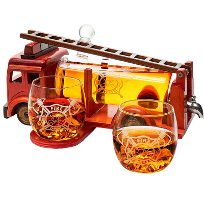 Firetruck Whiskey Decanter with Two 12 oz Glasses Gift Firefighter Gifts, Fireman, Firetruck Figurine, Police Gifts, Fire Department Gifts, Gifts for Firefighters! 600ml 13" L 6" H Gifts for Dad