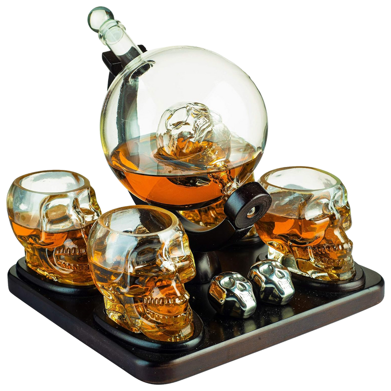 Skull Skeleton Wine & Whiskey Globe Decanter Set 850 mL With 4 Skull Head 3oz Skeletons Shot Glasses And Skull Chillers Wooden Base Decor Glass Goth Spooky Drinking Glassware The Wine Savant
