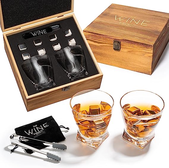 The Wine Savant Luxurious Cigar Glasses - Whiskey glass with Cigar Holder - Set of 2, 10oz Cigar Holder Whiskey Glasses, Tongs, 8 Cube Chilling Rocks Stones - Set in Premium Wood Box Gift for Any Bar