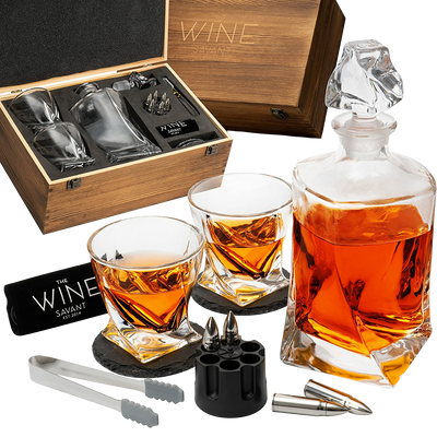 Luxury Whiskey Decanter and Glasses Set - Whiskey Decanter, 2 Twist Whiskey Glasses, 2 Coasters, 6 XL Stainless Steel Whisky Bullets, Tongs & Freezer Pouch Gift Box