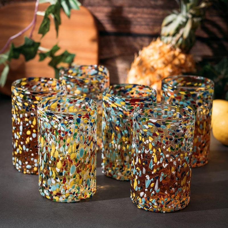 Hand Blown Mexican Drinking Glasses – Set of 6 Confetti Rock Design Glasses by The Wine Savant (Confetti)