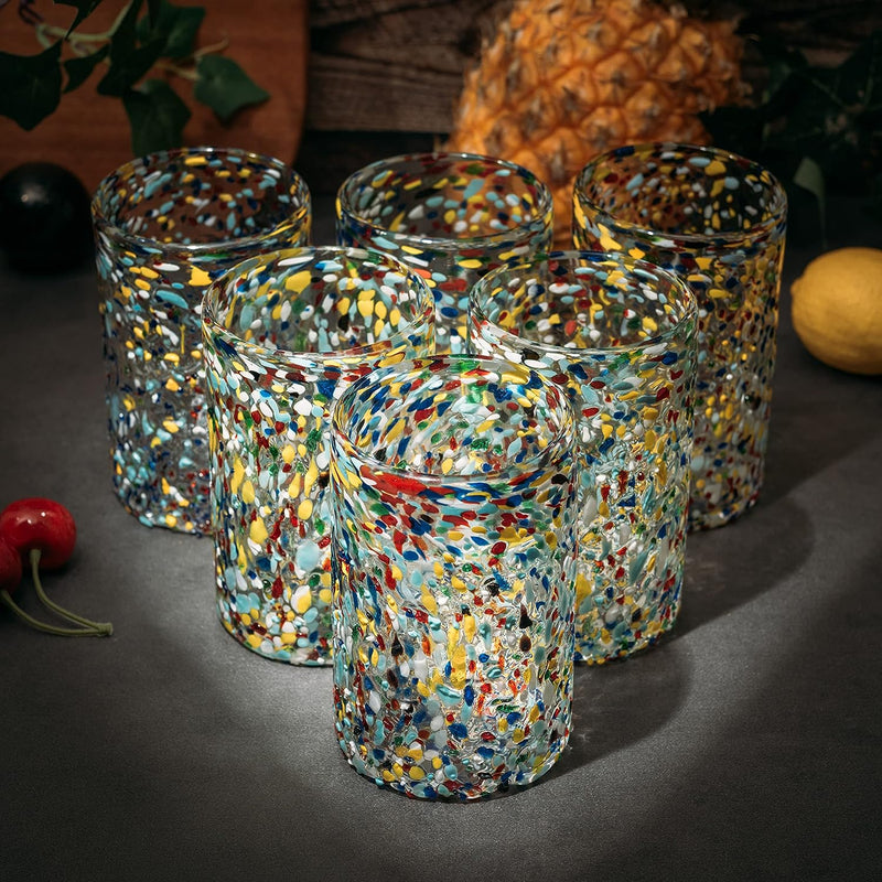 Hand Blown Mexican Drinking Glasses – Set of 6 Confetti Rock Design Glasses by The Wine Savant (Confetti)