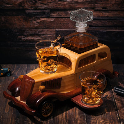 Old Fashioned Car Whiskey Decanter Set, Very Large 15" x 13" x 7" 750ml Decanter Spigot, and 2-10oz Whiskey Tumbler Old Fashion Glasses, Old Fashioned Vintage Car, Limited Edition, Great Bar Gift!