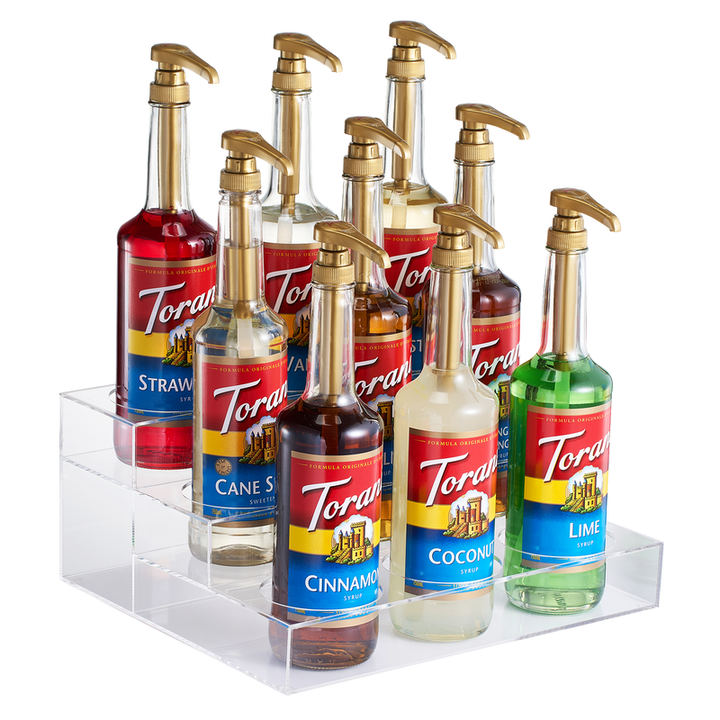 Acrylic Bottle Holder, Coffee Syrup Rack Display Case | 3-Tiered 9 Bottle | Wine Bar Bottle Rack, Clear Shelf Rack for Kitchen, Countertop, Fridge Pantry Storage Organizer - Wine, Soda, Cans, Liquor