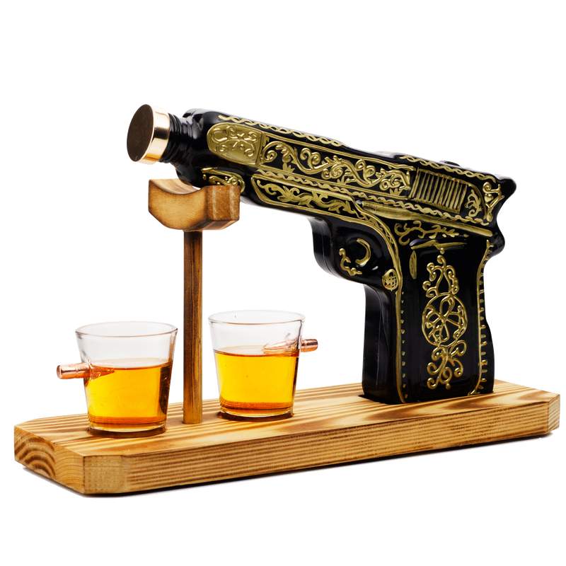 (UAE ONLY) Glass Hand Painted Pistol Whiskey Gun Decanter & Pistol Shot Glasses Set, With 2 Bullet Shot Glasses