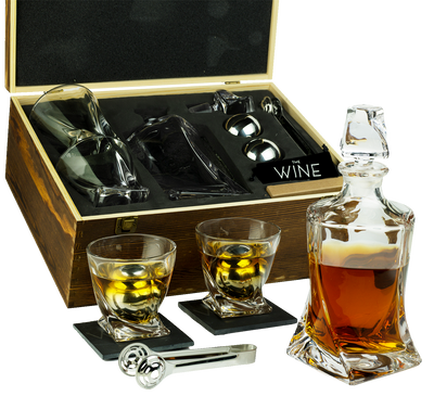 Whiskey Stones & Decanter Gift Set for Men & Women, By The Wine Savant, 2 XL Stainless Steel Whiskey Balls, 2 Twist Glasses, Whiskey Decanter, 2 Coasters, Freezer Pouch & Special Tongs in Pinewood Box