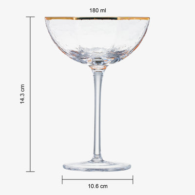 Vintage Crystal Champagne Coupe Gold Rim Hexagonal Angled Glasses | Set of 4 | 6 oz, Art Deco Rim Classic Cocktail Glassware - Martini, Cosmopolitan, Sidecar, Daiquiri | 1920s Style Saucer Goblets
