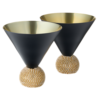 The Wine Savant Diamond Studded Martini Glasses Set of 2 Black & Gold Rimmed Modern Cocktail Glass, Rhinestone With Stemless Crystal Ball Base, Bar or Party 10.5oz, Swarovski Style Crystals