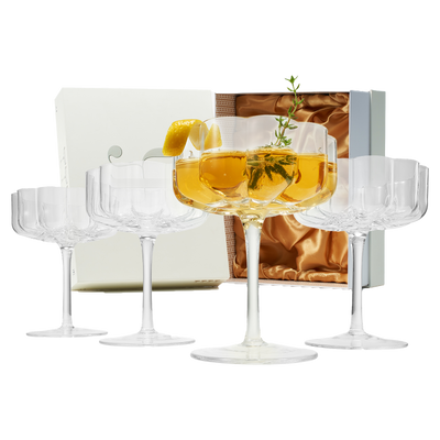Flower Vintage Wavy Petals Wave Glass Coupes 7oz Colorful Cocktail, - Set of 4 - Rippled & Champagne Glasses, Prosecco, Martini, Mimosa, Cocktail Set, Bar Glassware Copyright & Patent Pending (Clear)
