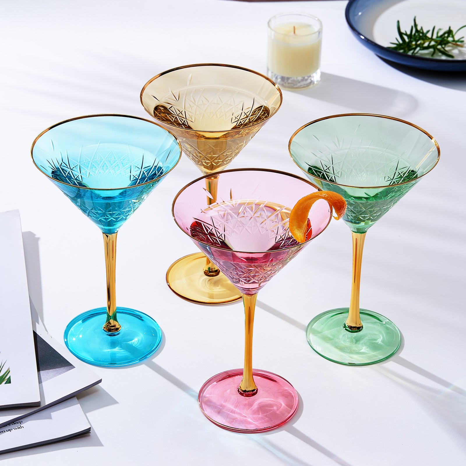 Crystal Martini Glasses Colored Set of 4 Stemmed MultiColor Glass