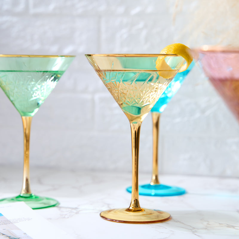 Colored Art Deco Cocktail Glasses, Gold Rimmed Vintage Martini Set