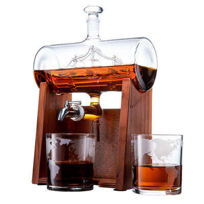 Whiskey & Wine Decanter Set 1250ml with 2 Whiskey Glasses, Liquor Dispenser For Home Bar, Ship Whiskey & Wine Decanter - Gift for Dad, Husband or Boyfriend - The Wine Savant Lead-Free Crystal Glass