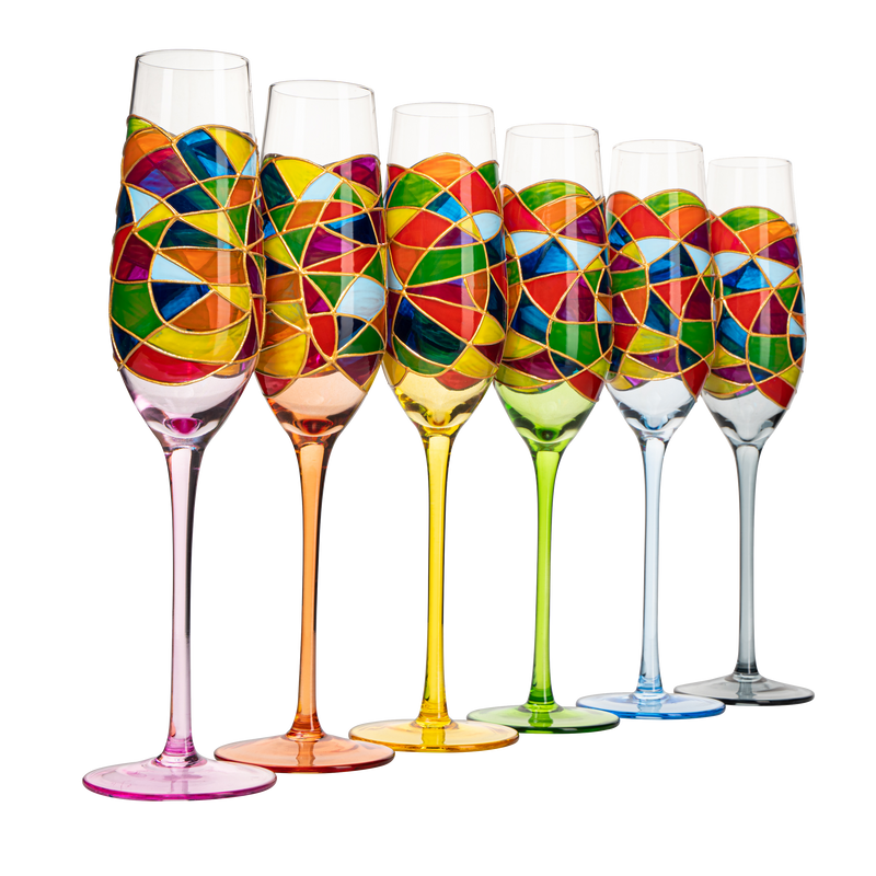 Stained Glass Champagne Flutes Set of 6 Hand Painted - Wine Savant - Hand  Blown 7 Ounce Colorful Ren…See more Stained Glass Champagne Flutes Set of 6