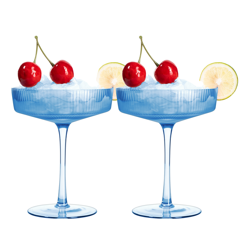 Ribbed Coupe Cocktail Glasses 8 oz | Set of 2 | Classic Manhattan Glasses For Cocktails, Champagne Coupe, Ripple Coupe Glasses, Art Deco Gatsby Vintage, Crystal with Stems (Blue, Set of 2)