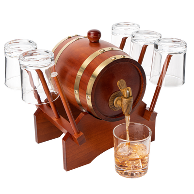 Barrel Decanter with 6 Whiskey Glasses by The Wine Savant - 1000 mL Mahogany Wood Old Fashioned Classic Whiskey Decanter Set, Gifts for Him, Father's Day, Gift Ideas