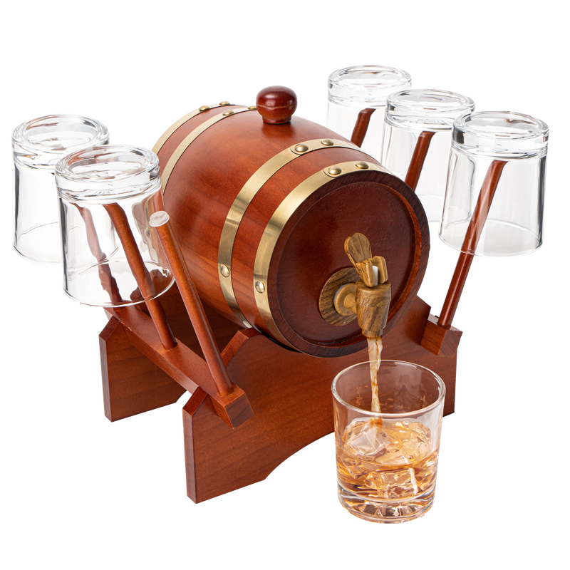 Barrel Decanter with 6 Whiskey Glasses by The Wine Savant - 1000 mL Mahogany Wood Old Fashioned Classic Whiskey Decanter Set, Gifts for Him, Father&