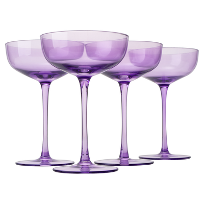The Wine Savant Colored Coupe Glass | 7oz | Set of 4 Colorful Champagne & Cocktail Glasses, Fancy Manhattan, Crystal Martini, Cocktails Set, Margarita Bar Glassware Gift, Vintage (Lavender Purple)