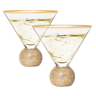 Diamond Studded Martini Glasses Set of 2 - The Wine Savant - Gold Rimmed Modern Cocktail Glass, Rhinestone Diamonds With Stemless Crystal Ball Base, Bar or Party 10.5oz, Swarovski Style Crystals
