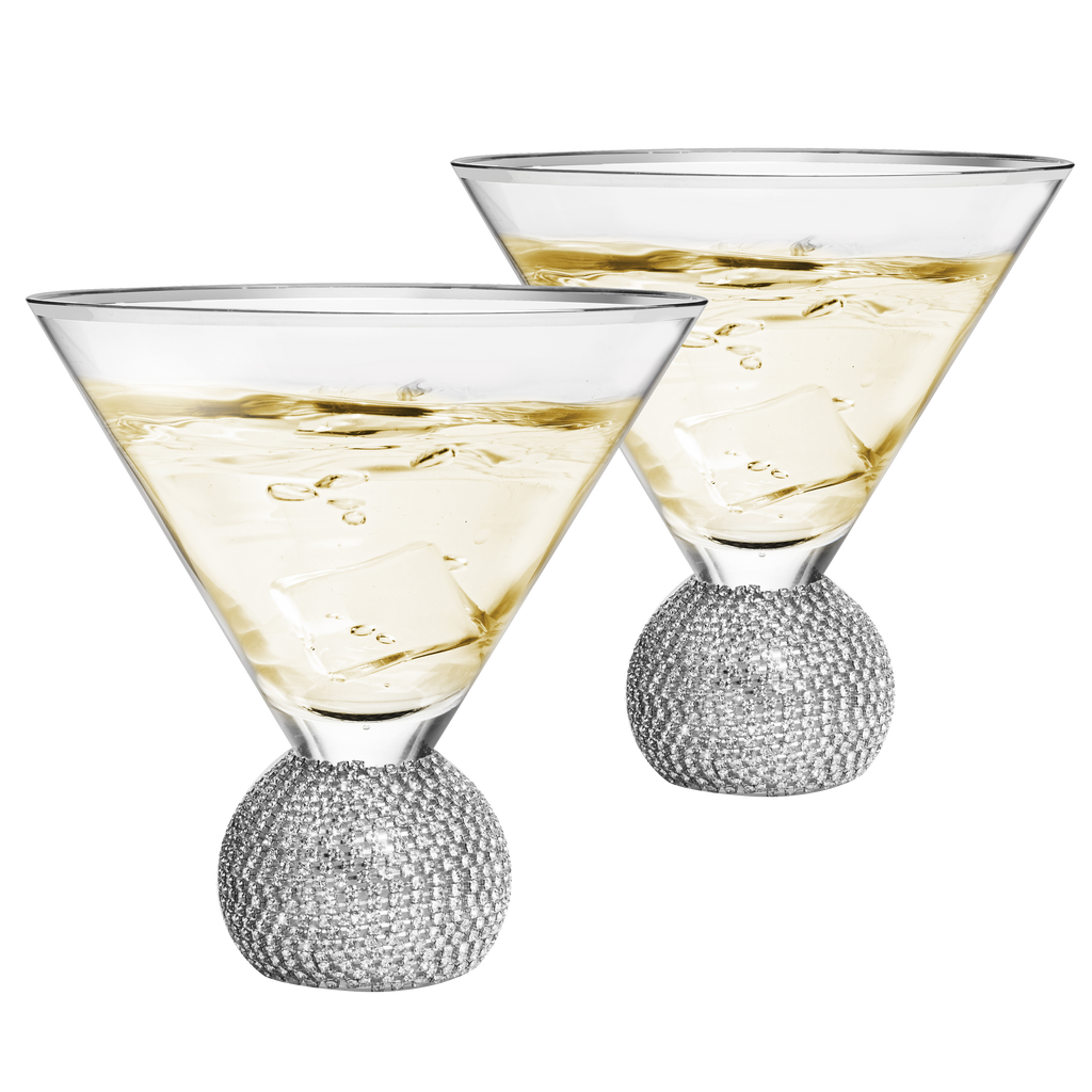 Diamond Studded Martini Glasses Set of 2 - The Wine Savant - Silver Rimmed  Modern Cocktail Glass, Rhinestone Diamonds With Stemless Crystal Ball Base