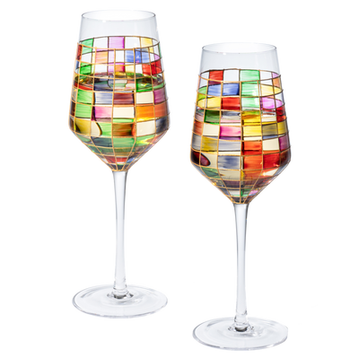 The Wine Savant Renaissance Stained Wine Glasses Set of 2 Festive Colorful Coffee Cups, Multicolored, Home Bar Gift, Colored Drinkware, Rainbow Glassware (Stemmed)