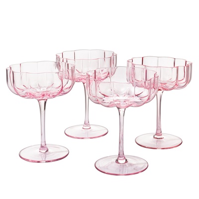 Flower Vintage Wavy Petals Wave Glass Coupes 7oz Colorful Cocktail, - Set of 4 - Rippled & Champagne Glasses, Prosecco, Martini, Mimosa, Cocktail Set, Bar Glassware Copyright & Patent Pending (Pink)