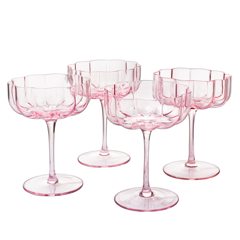Flower Vintage Wavy Petals Wave Glass Coupes 7oz Colorful Cocktail, - Set of 4 - Rippled & Champagne Glasses, Prosecco, Martini, Mimosa, Cocktail Set, Bar Glassware Copyright & Patent Pending (Pink)