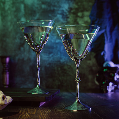 The Wine Savant Stemmed Skeleton Martini Glasses Set of 2 Skeleton Hand Glasses 9" H, Goth Gifts, Skeleton Gifts Decor, Spooky Cocktails, Water or Martini Gift Set, Wine Skeletons Glasses