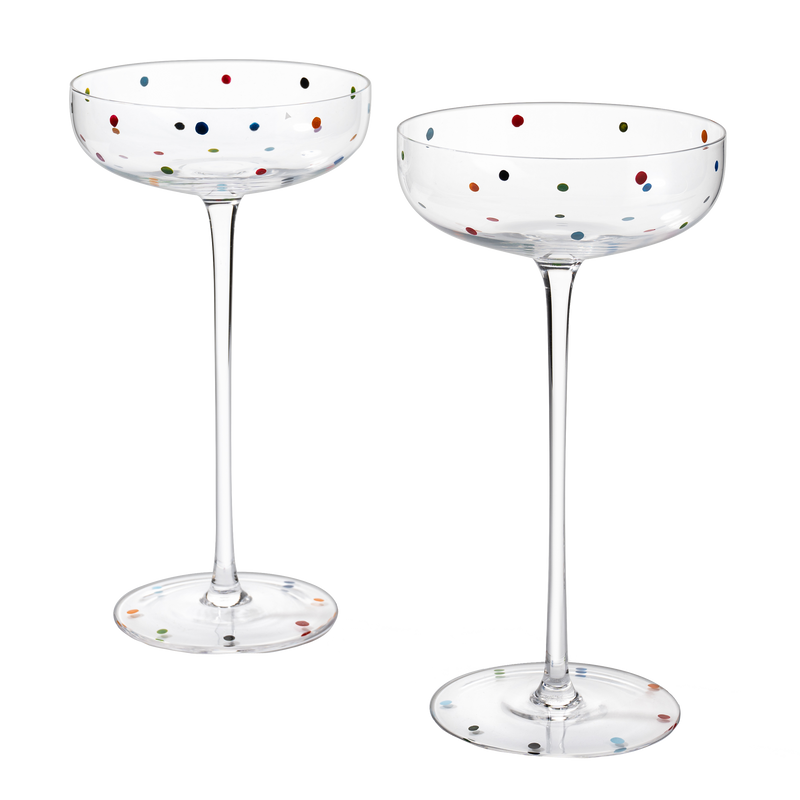 Polka Dot Champagne Coupe Glasses Set of 2 8.8 oz by The Wine Savant - Polka Dot Rainbow Colored Glasses, Cocktail Glassware, Polka Dot Gifts Damien Hirst, Gift Idea For Everyday, Weddings, Parties