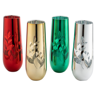 Multicolor 4-Piece Tree Stemless Wine & Water Glasses - Shining Red Green Yellow Silver, Perfect for Parties, Glass Trees Decor, Kitchen Home Decorations (Flutes)