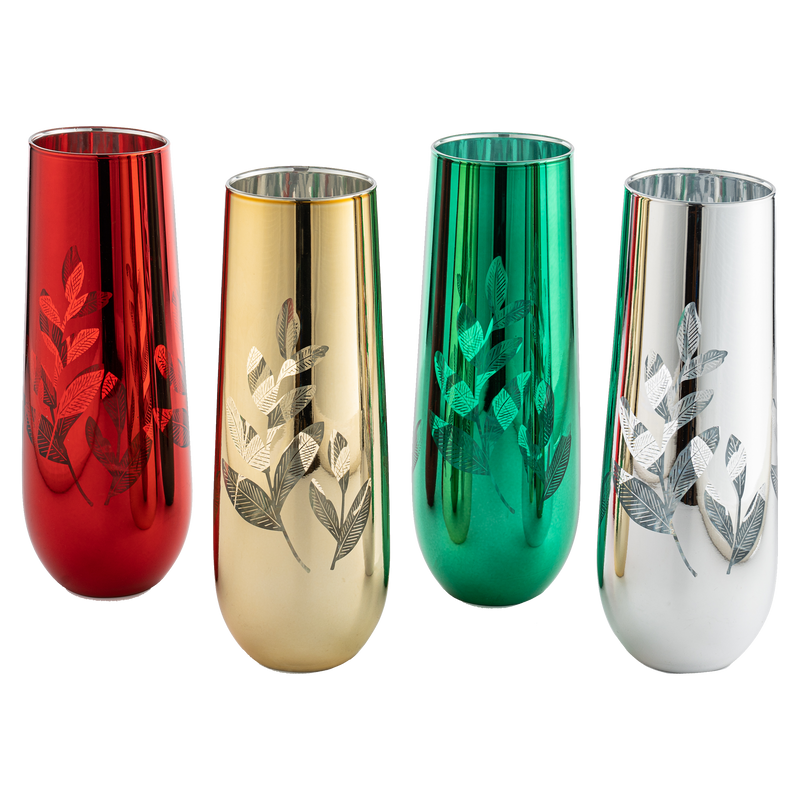 Multicolor 4-Piece Tree Stemless Wine & Water Glasses - Shining Red Green Yellow Silver, Perfect for Parties, Glass Trees Decor, Kitchen Home Decorations (Flutes)