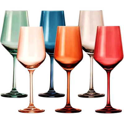 Colored Crystal Wine Glass Set of 6, Gift For Him, Her, Wife, Friend - Large 12 oz Glasses, Unique Italian Style Tall Drinkware - Red & White, Dinner, Color Beautiful Glassware - (Pastel)