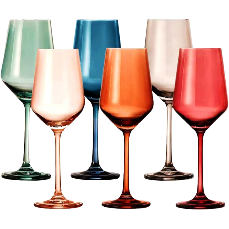 Colored Crystal Wine Glass Set of 6, Gift For Him, Her, Wife, Friend - Large 12 oz Glasses, Unique Italian Style Tall Drinkware - Red & White, Dinner, Color Beautiful Glassware - (Pastel)