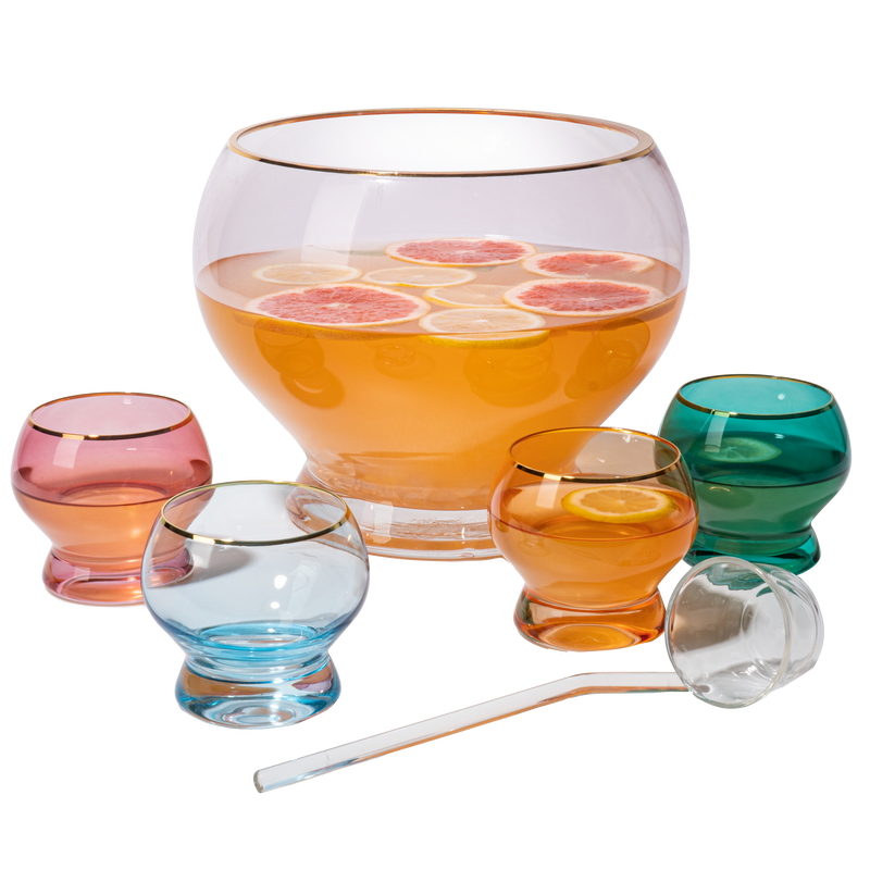 Colorful 1.7 Gallon Punch Bowl with 4 10oz Glasses Set with Ladle Gift For Mothers Day, Her, Wife, Mom, Friend - Colored Set Margarita, Cocktails, Juice, Punch Drink bowl for Parties, Weddings