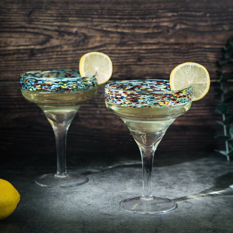 Margarita Glasses Set Of 4 - 10 Oz Hand Blown Ribbed Cups With Gold Rim, Stemless Cocktail Glasses For Parties