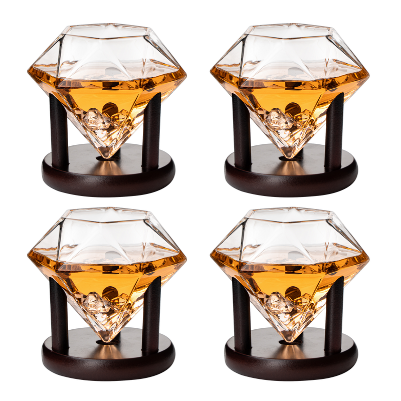 Set of 4 Diamond Whiskey & Wine Glasses With Wood Stands 10oz - Wine, Whiskey, Water, Diamond Shaped, Diamonds Collection Sparkle Patented Wine Savant - Stands Alone, Or on Stand