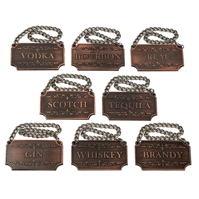 Decanter Tags Copper Set of 8 for Alcohol - The Wine Savant - Bottle - Whiskey, Scotch, Bourbon, Gin, Rum, Vodka, Tequila and Brandy, Fits All Bottles, Great Home Gift, Gifts for Men & Women 3" L 2"H