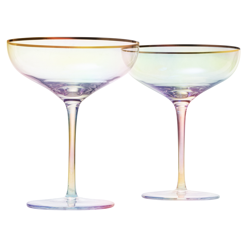 Iridescent Colored Gilded Rim Coupe Glass, 2-Set Large 9oz Rainbow Cocktail & Champagne, Luster Pearl Glasses Vibrant Color Gold Vintage Tumblers, No Stem Margarita, Glassware Gift - The Wine Savant