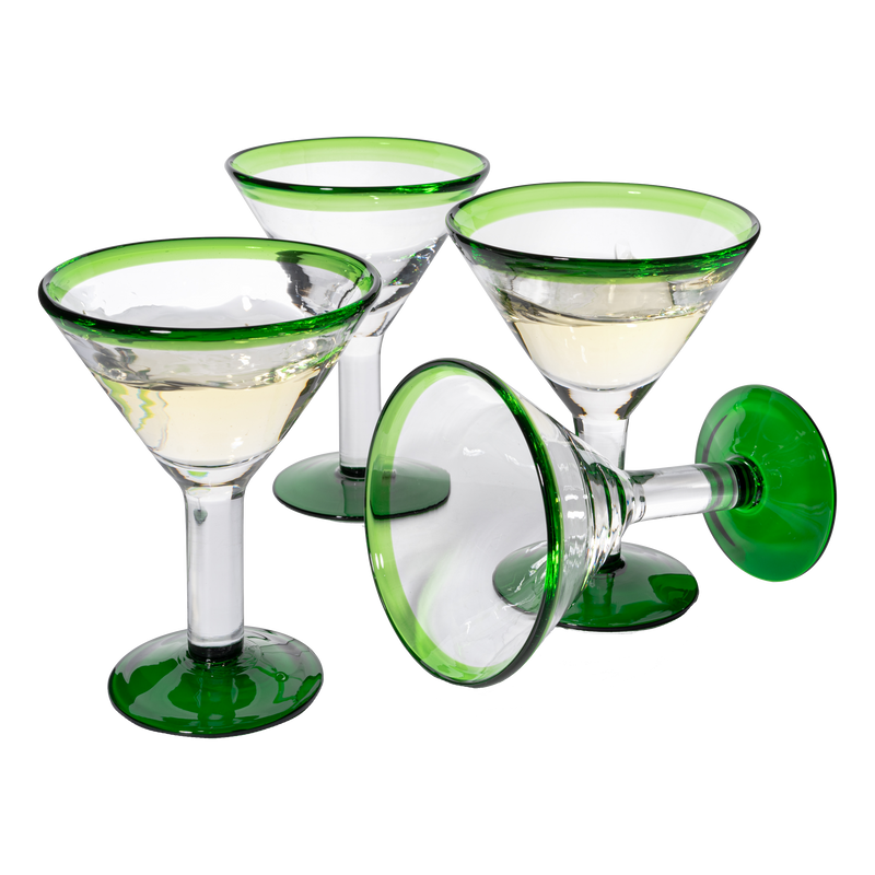 Mexican Hand Blown Martini & Margarita Glasses - Green Rim Detailed - Set of 4-10oz - Carmen Cinco de Mayo - Luxury Mexican Glassware Thick, Juice & Cocktail For Holidays & Celebration Confetti