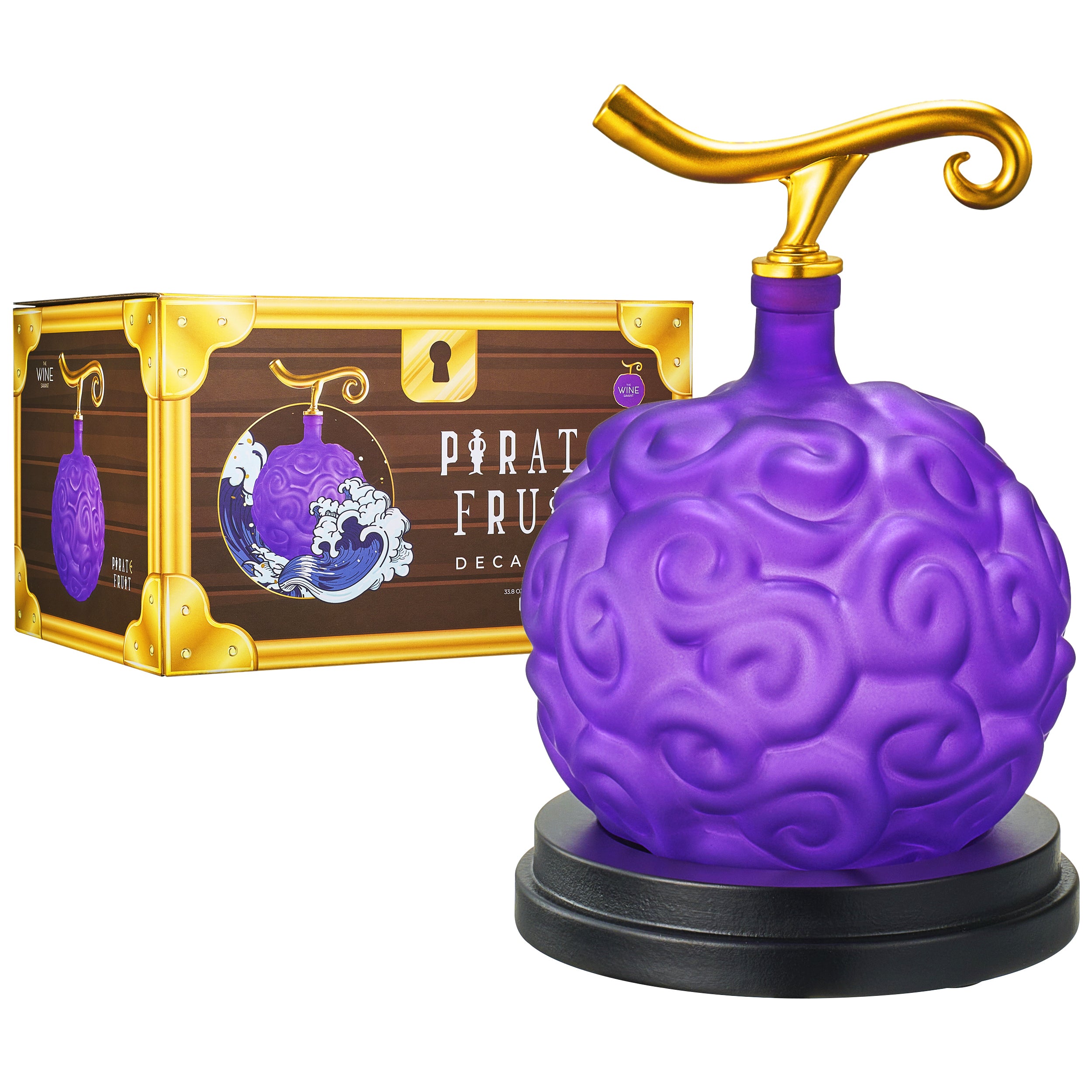 Fruit Whiskey & Wine Decanter, 34 OZ Anime Pirate Devil Colored Barwar Anime Merch Purple Gold Fruit One Decanter And Beautiful Mahogany Wood Base Piece Holder Liquor Scotch Rum Bourbon