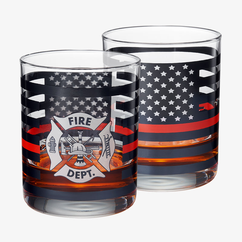 Firefighter Whiskey Glasses | Set of 2 | 12 OZ Old Fashioned Liquor Glasses, American Flag Red Line Fire Fighter Glass - Show Support for First Responders, Firemen Gifts for Him, Dad, Boyfriend