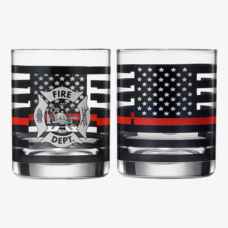 Firefighter Whiskey Glasses | Set of 2 | 12 OZ Old Fashioned Liquor Glasses, American Flag Red Line Fire Fighter Glass - Show Support for First Responders, Firemen Gifts for Him, Dad, Boyfriend