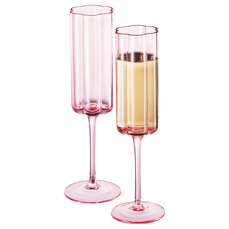 Flower Vintage Champagne Flute Glassware - Set of 2 - 7.4 oz Colorful Cocktail, Martini & Champagne Glasses, Prosecco, Mimosa Glasses Set, Cocktail Glass, Bar Glassware Luster Glasses 9" X 2" (Pink)