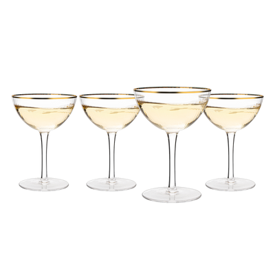The Wine Savant Gold Rim Glasses 6 oz, Set of 4 Gold Rim Classic Manhattan Glasses For Martini, Cocktails, Champagne, Water & Wine - Classic Coupes Gilded Rimed, Crystal with Stems, Coupe