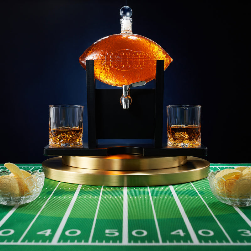 Football Decanter with 2 Whiskey & Wine Glasses - For Office, Home or Party - Gift for Husband, Father&